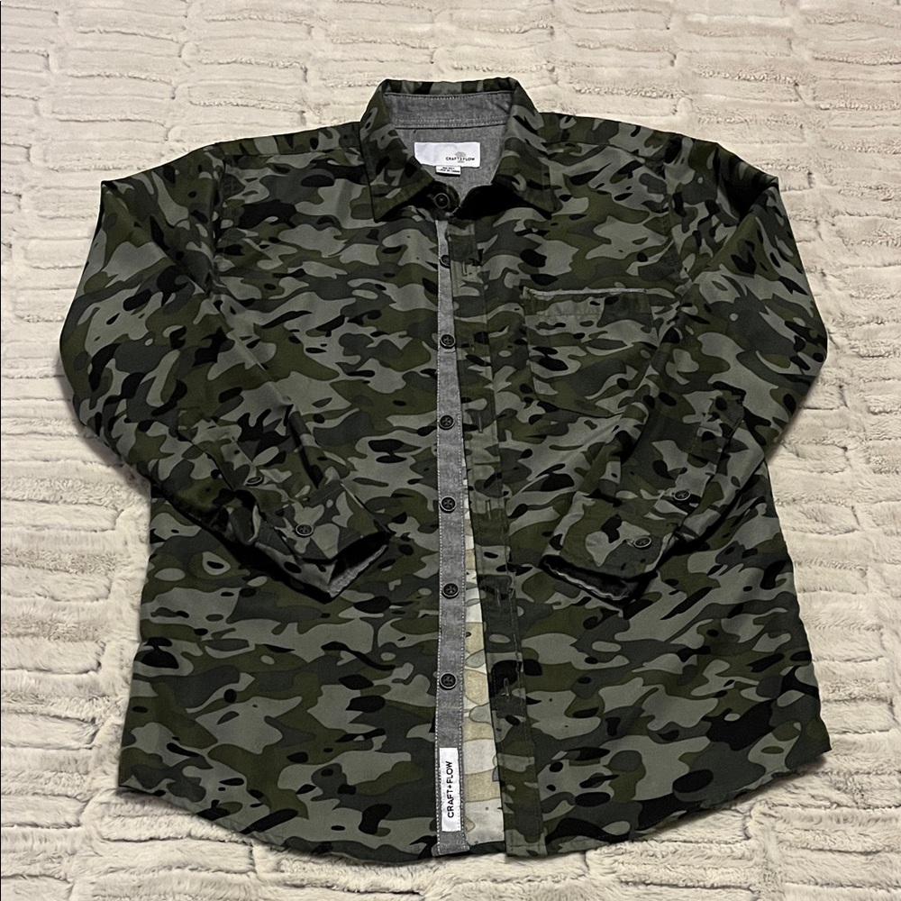 Kids Green Camouflage Button Down Shirt